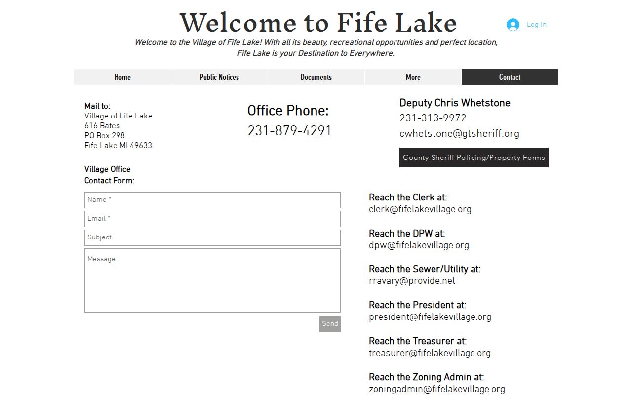 Village of Fife Lake contact page showing village contact information