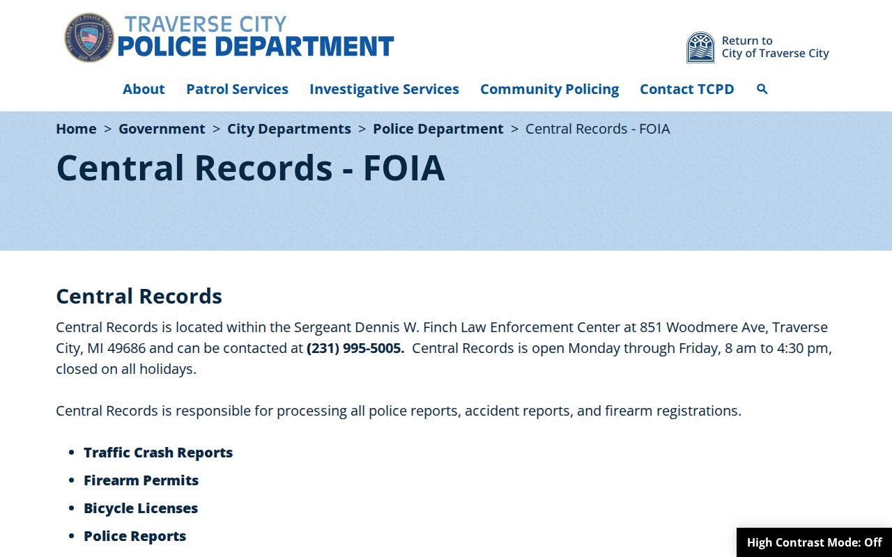 Traverse City Police Central Records and FOIA official page